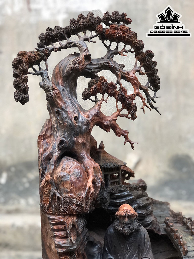 Tượng Đạt Ma Ngồi Gốc Tùng Gỗ Trắc Cao 45 Ngang 30 Sâu 24 (cm)
