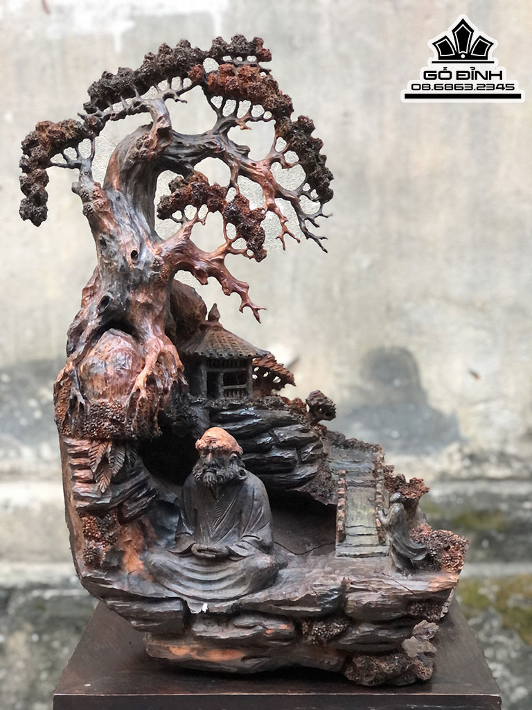 Tượng Đạt Ma Ngồi Gốc Tùng Gỗ Trắc Cao 45 Ngang 30 Sâu 24 (cm)