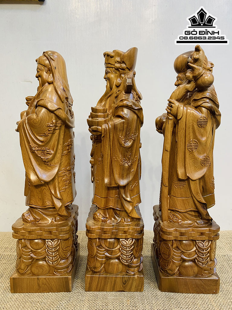 Tượng Phúc Lộc Thọ (Tam Đa) Gỗ Bách Xanh Cao 40 Ngang 12 Sâu 10 (cm)