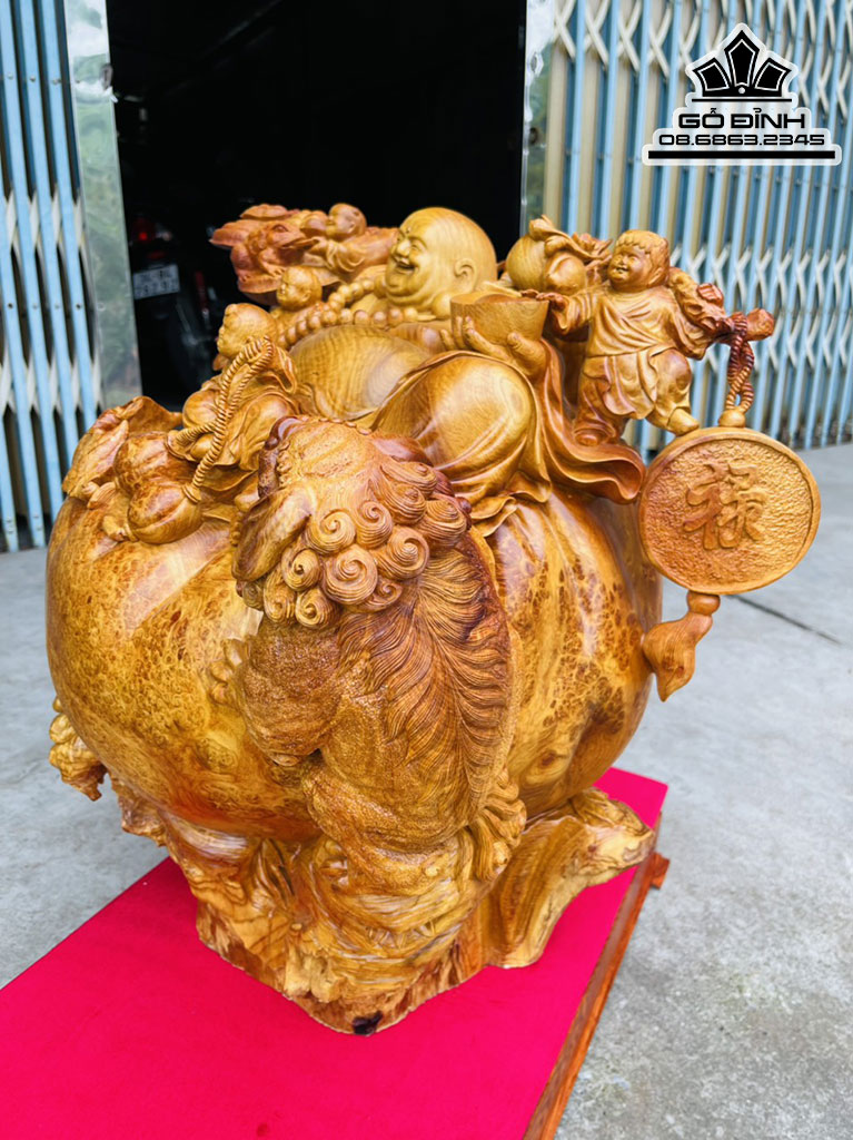 Tượng Phật Di Lặc Ngồi Bao Tiền Gỗ Nu Hương Nguyên Khối Cao 52 Ngang 60 Sâu 46 Cả Kỷ 62 (cm)
