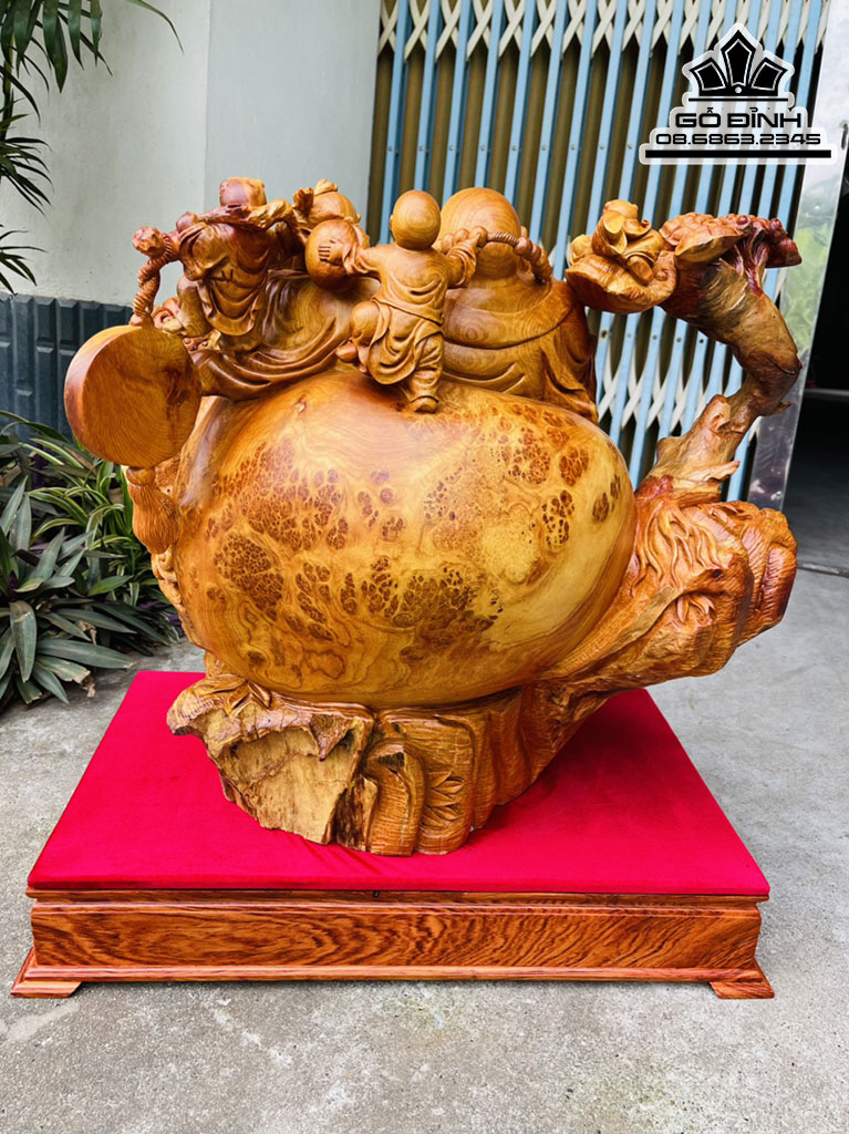 Tượng Phật Di Lặc Ngồi Bao Tiền Gỗ Nu Hương Nguyên Khối Cao 52 Ngang 60 Sâu 46 Cả Kỷ 62 (cm)