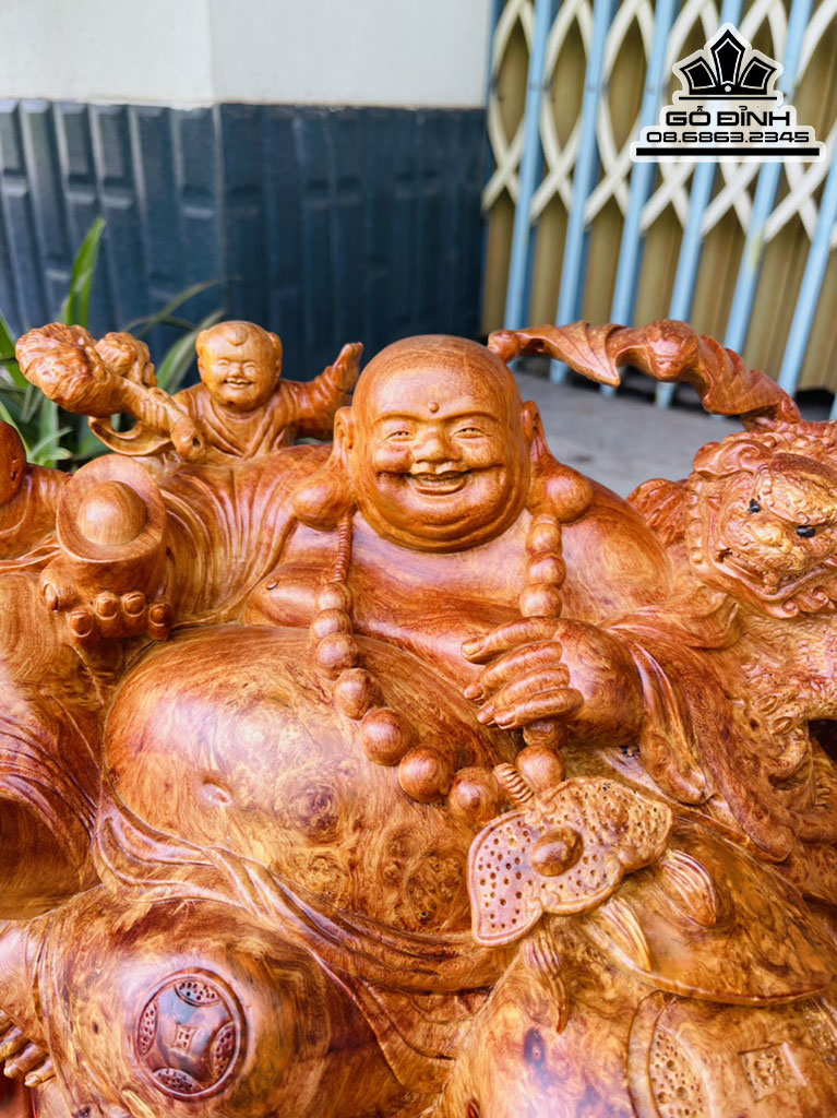 Tượng Phật Di Lặc Tam Phúc Gỗ Nu Hương Nguyên Khối Cao 33 Ngang 55 Sâu 30 (cm)