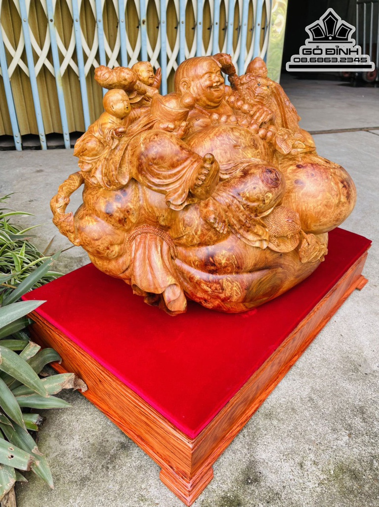 Tượng Phật Di Lặc Tam Phúc Gỗ Nu Hương Nguyên Khối Cao 33 Ngang 55 Sâu 30 (cm)
