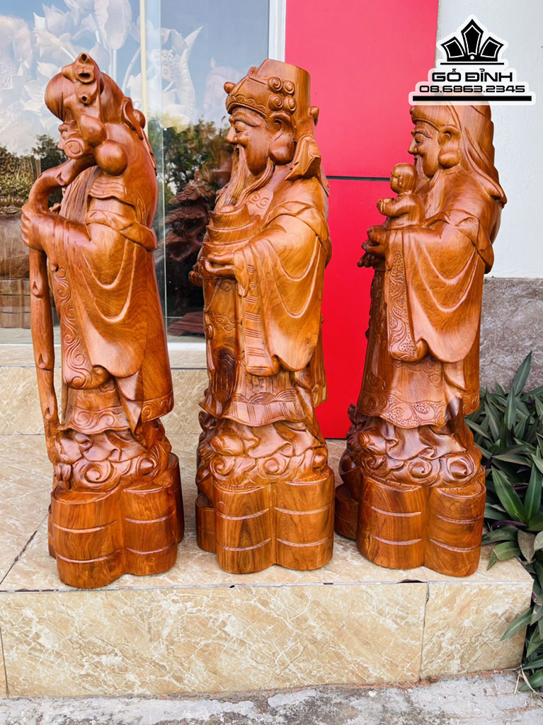 Tượng Phúc Lộc Thọ (Tam Đa) Gỗ Hương Việt Cao 70 Ngang 25 Sâu 22 (cm)