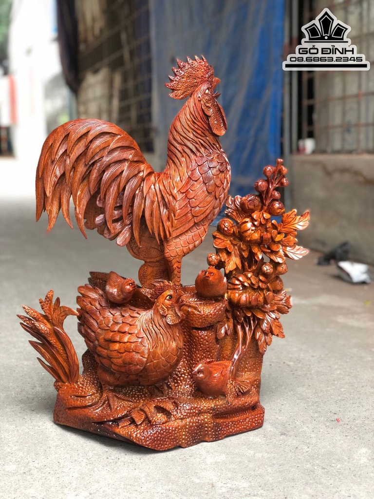 Tượng Gà Phong Thủy Gỗ Hương Cao 74 Ngang 60 Sâu 26(cm)