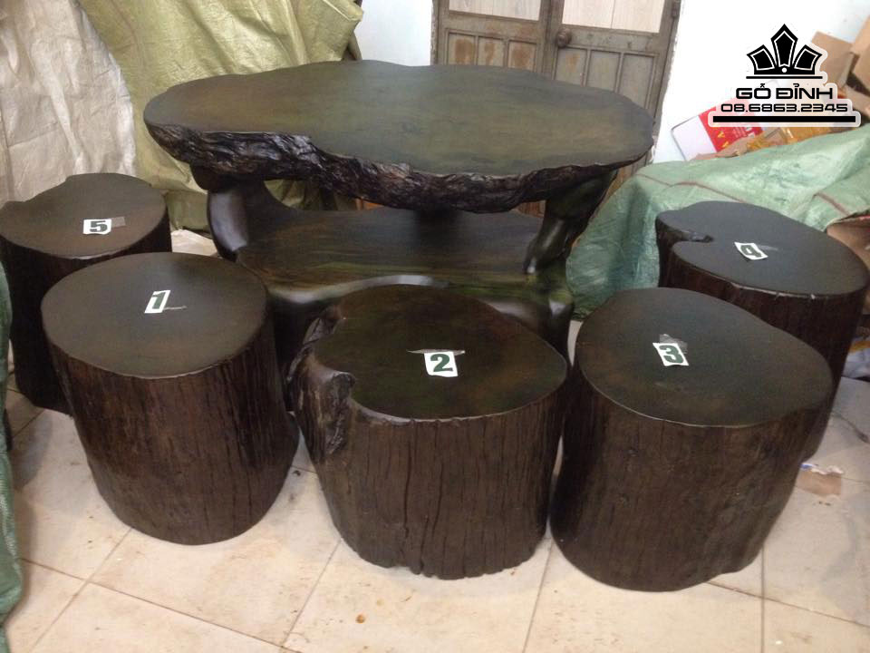 Bộ Bàn Ghế Đôn Gỗ, Đôn Gốc Cây Gỗ Sao Xanh Cao 64 Đường Kính 112-71 (cm) BS59