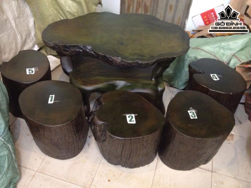 Bộ Bàn Ghế Đôn Gỗ, Đôn Gốc Cây Gỗ Sao Xanh Cao 64 Đường Kính 112-71 (cm) BS59