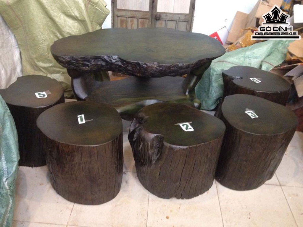 Bộ Bàn Ghế Đôn Gỗ, Đôn Gốc Cây Gỗ Sao Xanh Cao 64 Đường Kính 112-71 (cm) BS59