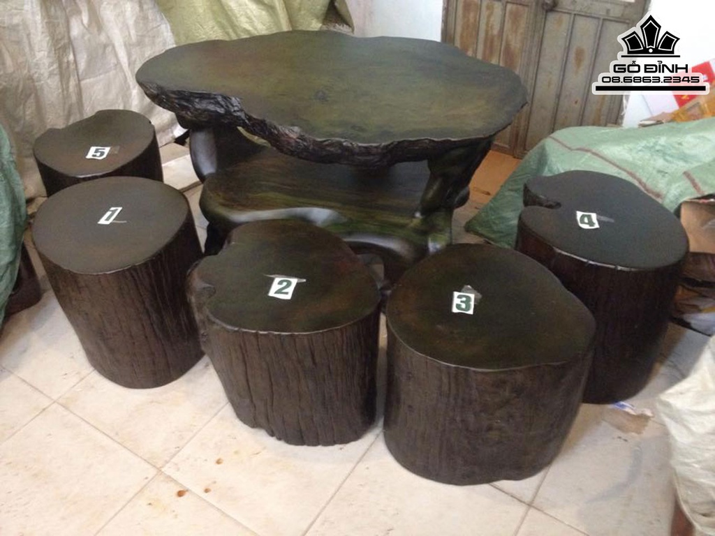 Bộ Bàn Ghế Đôn Gỗ, Đôn Gốc Cây Gỗ Sao Xanh Cao 64 Đường Kính 112-71 (cm) BS59