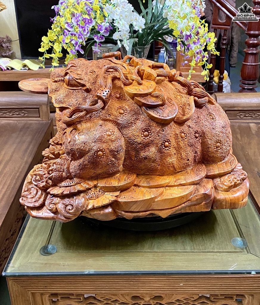 Tượng Cóc Ngậm Tiền Gỗ Hương Cao 30 Rộng 50 Sâu 52 (cm)