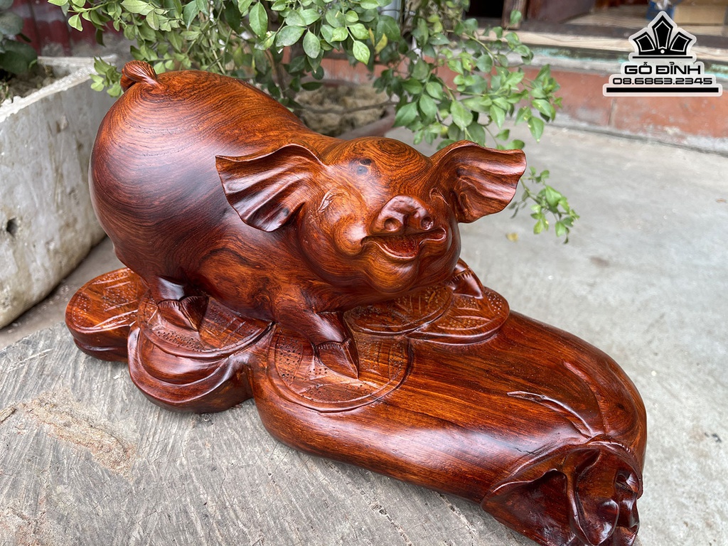 Tượng Heo Phong Thủy Gỗ Hương Cao 19 Ngang 37 Sâu 19 (cm)