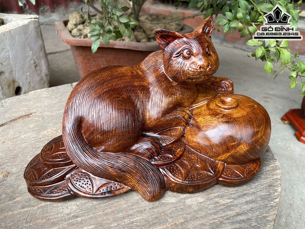 Tượng Mèo Phong Thủy Gỗ Hương Cao 15 Ngang 25 Sâu 19 (cm)