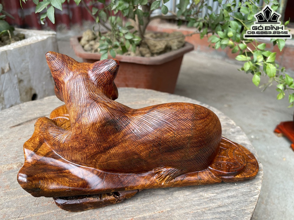 Tượng Mèo Phong Thủy Gỗ Hương Cao 15 Ngang 25 Sâu 19 (cm)