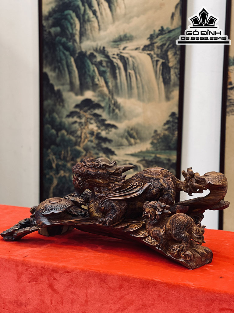 Tượng Tỳ Hưu Mẫu Tử Gỗ Sưa Bắc Cao 25 Ngang 64 Sâu 25  (cm)