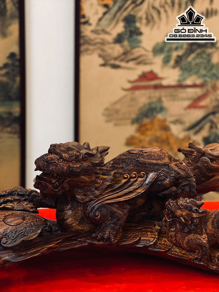 Tượng Tỳ Hưu Mẫu Tử Gỗ Sưa Bắc Cao 25 Ngang 64 Sâu 25  (cm)