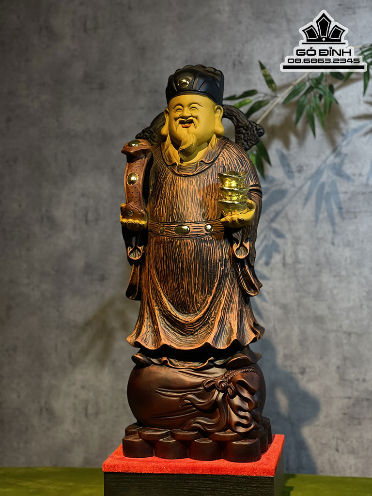 Tượng Thần Tài Gỗ Hương Đá Liền Khối Cao 70 Ngang 25 Sâu 18 (cm) KT Không Kỷ