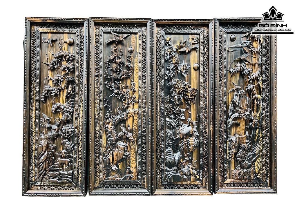 Tranh Tứ Quý Xuân Hạ Thu Đông Gỗ Mun Hoa Cao 137 Ngang 48 Sâu 6 (cm)