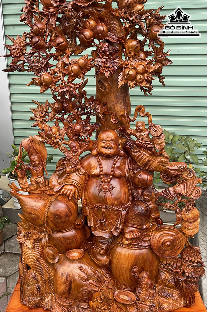 Tượng Phật Di Lặc Đứng Gốc Đào Gỗ Hương Cao 210 Rộng 90 Sâu 45 (cm) Cả Kỷ