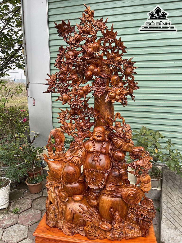 Tượng Phật Di Lặc Đứng Gốc Đào Gỗ Hương Cao 210 Rộng 90 Sâu 45 (cm) Cả Kỷ