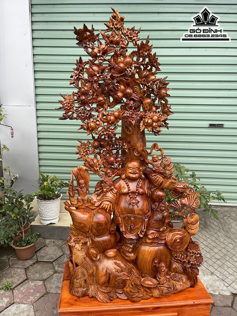 Tượng Phật Di Lặc Đứng Gốc Đào Gỗ Hương Cao 210 Rộng 90 Sâu 45 (cm) Cả Kỷ