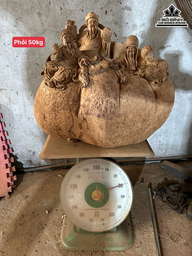 Tượng Phúc Lộc Thọ ( Tam Đa ) Gỗ Nu Ngọc Am Liền Khối Cao 47 Ngang 58 Sâu 35 (cm)