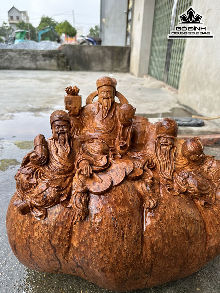 Tượng Phúc Lộc Thọ ( Tam Đa ) Gỗ Nu Ngọc Am Liền Khối Cao 47 Ngang 58 Sâu 35 (cm)