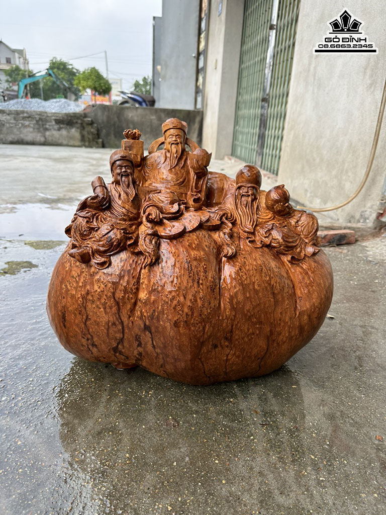 Tượng Phúc Lộc Thọ ( Tam Đa ) Gỗ Nu Ngọc Am Liền Khối Cao 47 Ngang 58 Sâu 35 (cm)