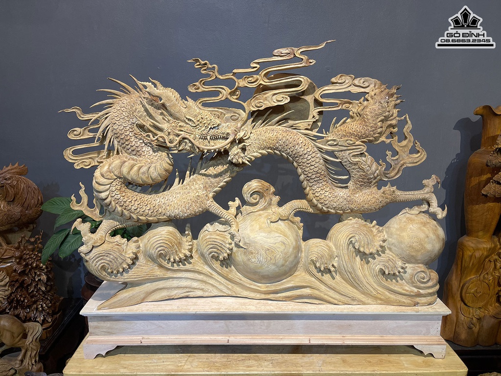 Tượng Nhất Long Nhả Ngọc Gỗ Ngọc Am Cao 95 Ngang 110 Sâu 18 Cao Cả Kỷ 110 (cm)