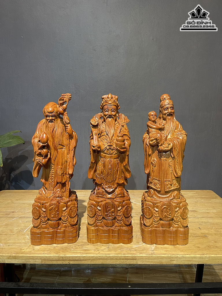 Tượng Phúc Lộc Thọ ( Tam Đa ) Gỗ Hương Đá Liền Khối Cao 50 Ngang 15 Sâu 12 (cm)
