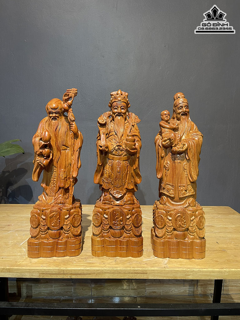 Tượng Phúc Lộc Thọ ( Tam Đa ) Gỗ Hương Đá Liền Khối Cao 50 Ngang 15 Sâu 12 (cm)