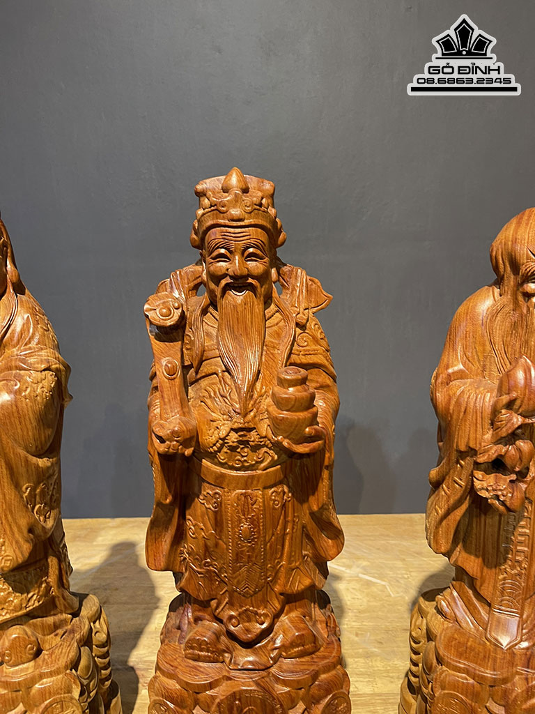 Tượng Phúc Lộc Thọ ( Tam Đa ) Gỗ Hương Đá Liền Khối Cao 50 Ngang 15 Sâu 12 (cm)