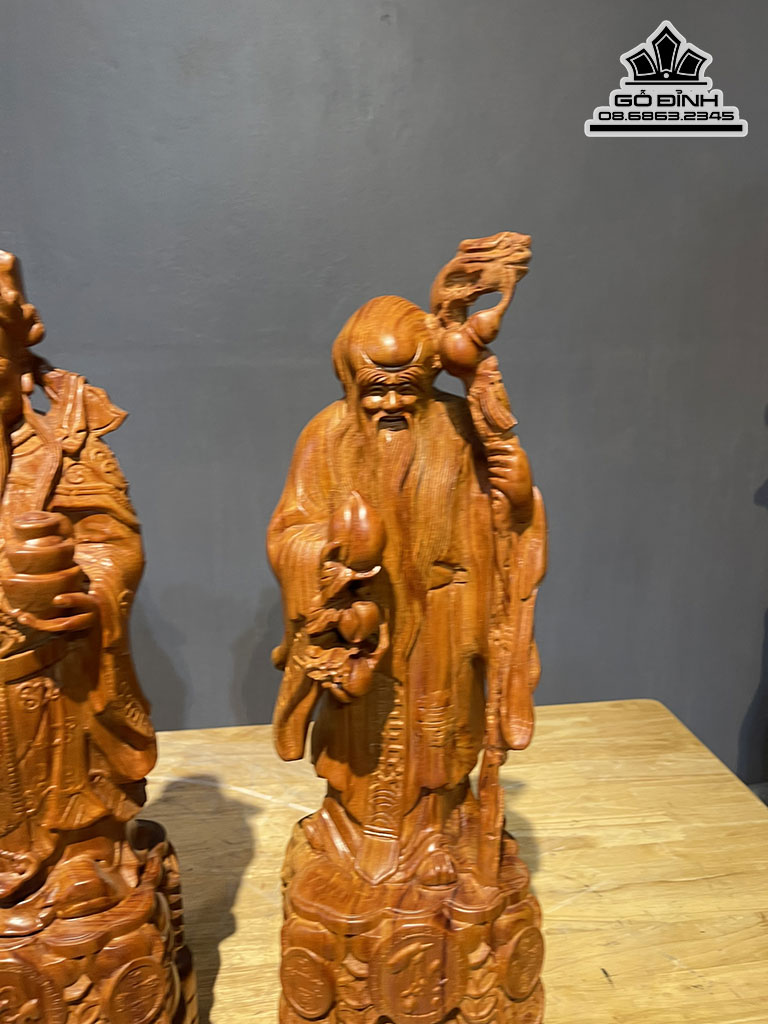 Tượng Phúc Lộc Thọ ( Tam Đa ) Gỗ Hương Đá Liền Khối Cao 50 Ngang 15 Sâu 12 (cm)