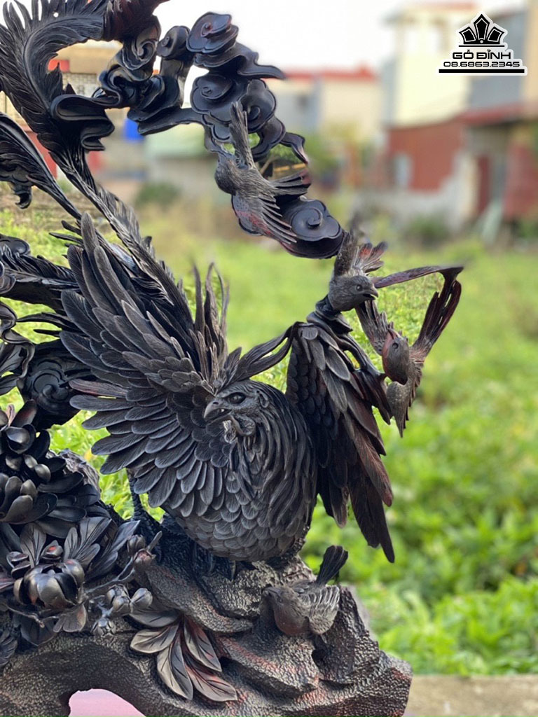 Tượng Ngũ Điểu Gỗ Trắc Cao 73 Ngang 70 Sâu 30 (cm)