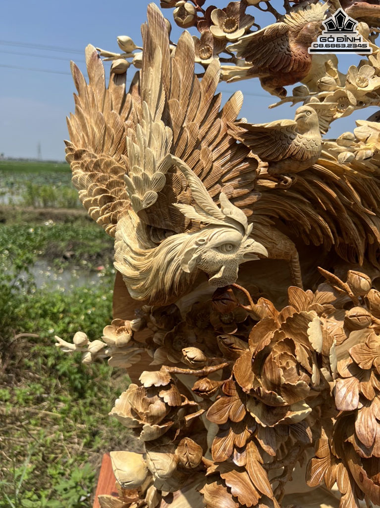 Tượng Ngũ Điểu Chầu Hoàng Gỗ Hương Cao 97 Ngang 72 Sâu 35 (cm)