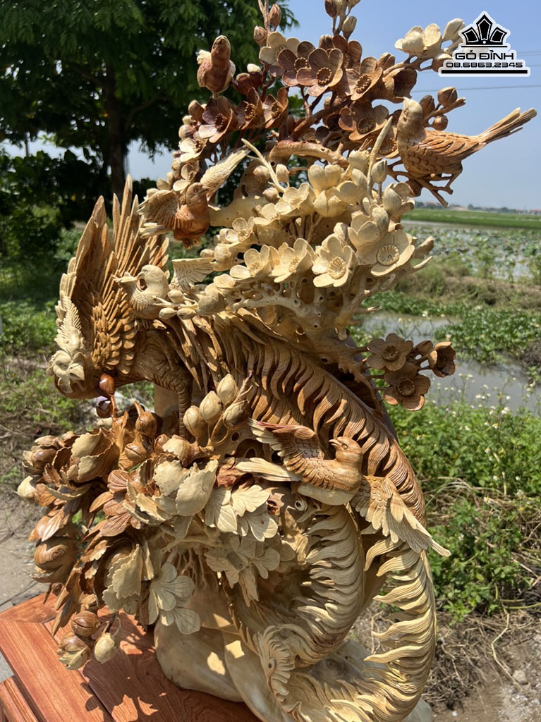 Tượng Ngũ Điểu Chầu Hoàng Gỗ Hương Cao 97 Ngang 72 Sâu 35 (cm)