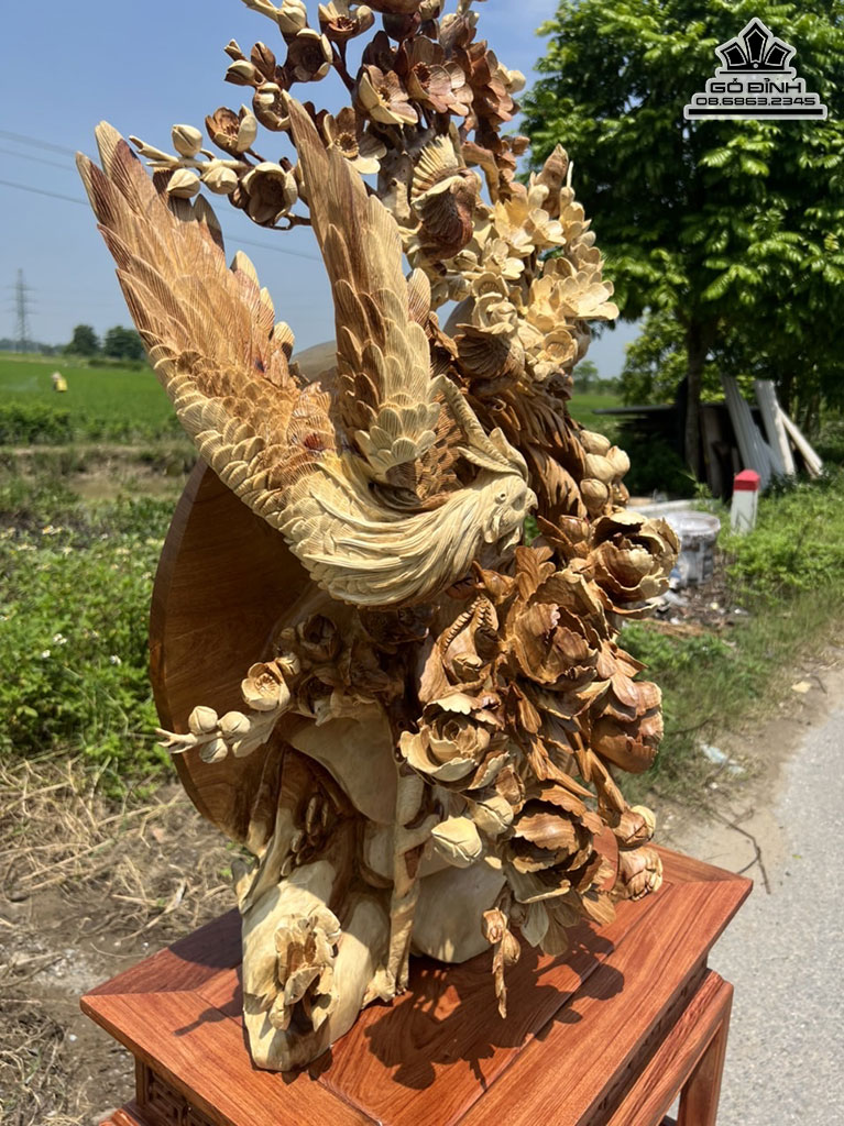 Tượng Ngũ Điểu Chầu Hoàng Gỗ Hương Cao 97 Ngang 72 Sâu 35 (cm)