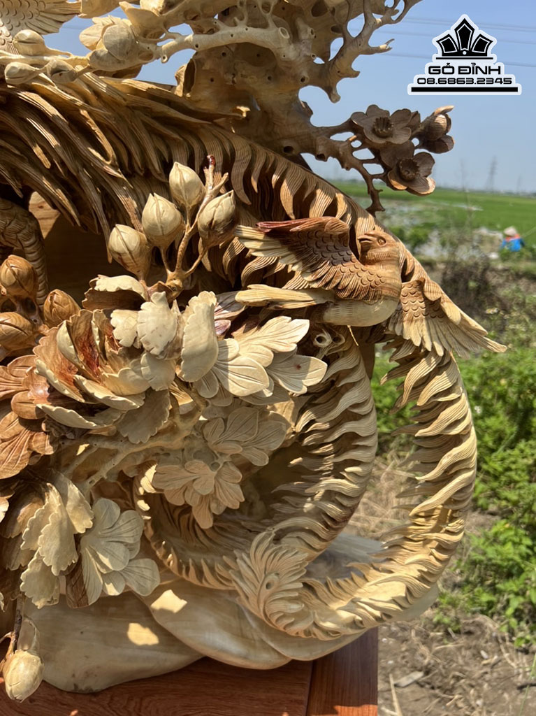 Tượng Ngũ Điểu Chầu Hoàng Gỗ Hương Cao 97 Ngang 72 Sâu 35 (cm)