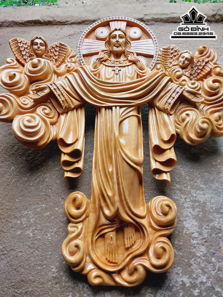 Tượng Chúa Phục Sinh Gỗ Trai Cao 90 Ngang 75 Sâu 12 (cm)