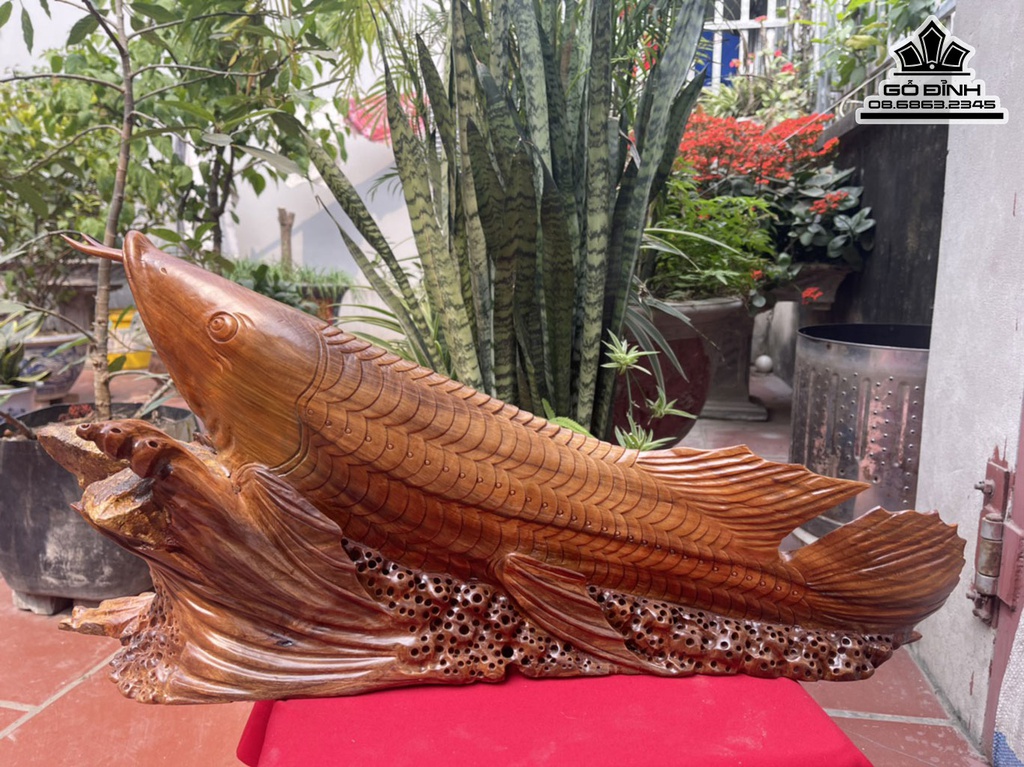 Tượng Cá Kim Long Phụ Tử Gỗ Ngọc Am Liền Khối Cao 33 Ngang 70 Sâu 21 (cm)