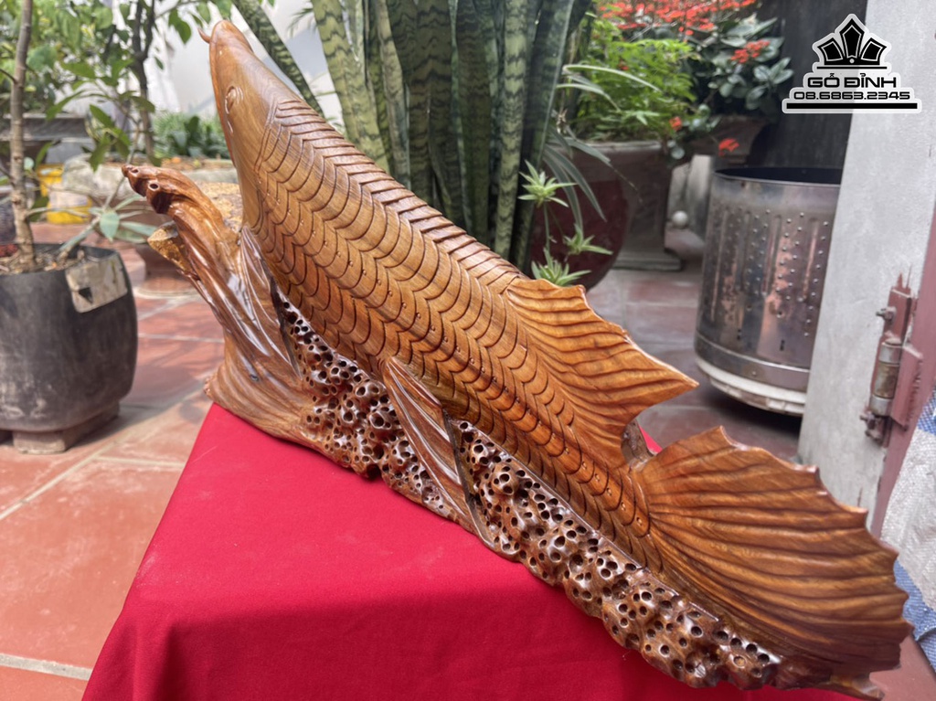 Tượng Cá Kim Long Phụ Tử Gỗ Ngọc Am Liền Khối Cao 33 Ngang 70 Sâu 21 (cm)