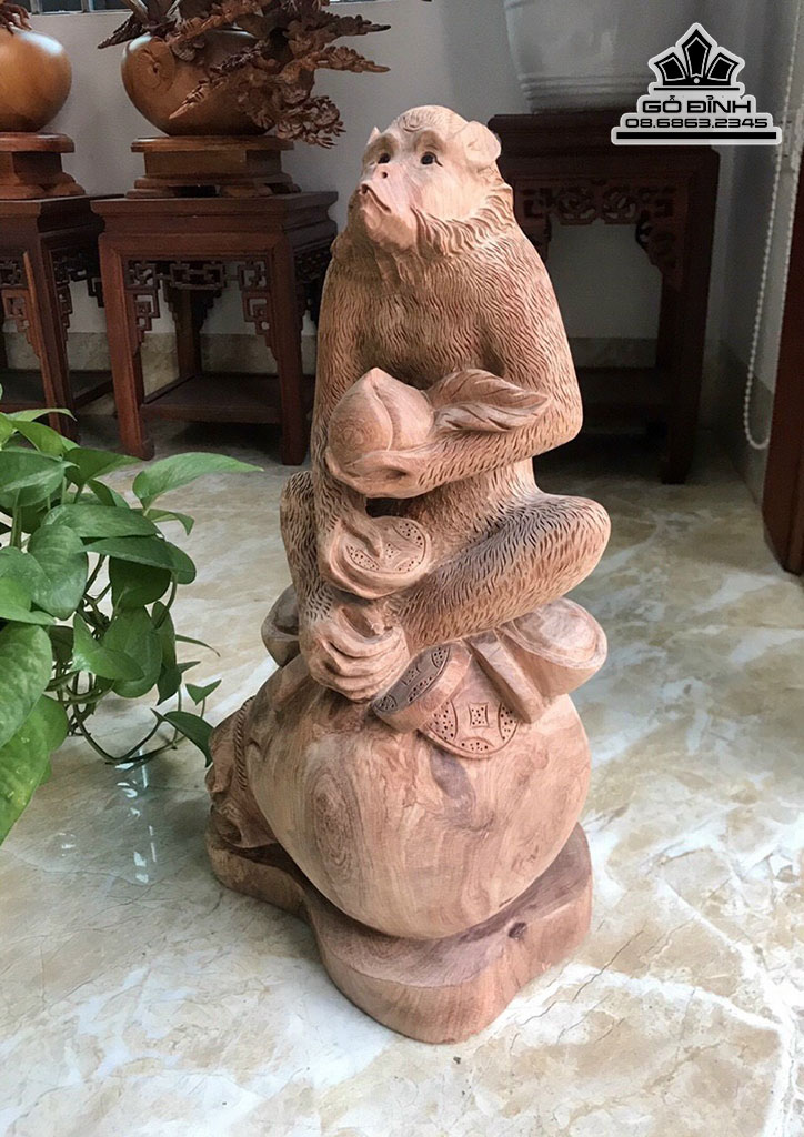 Tượng Khỉ Phong Thủy Gỗ Hương Cao 48 Ngang 24 Sâu 20 (cm)