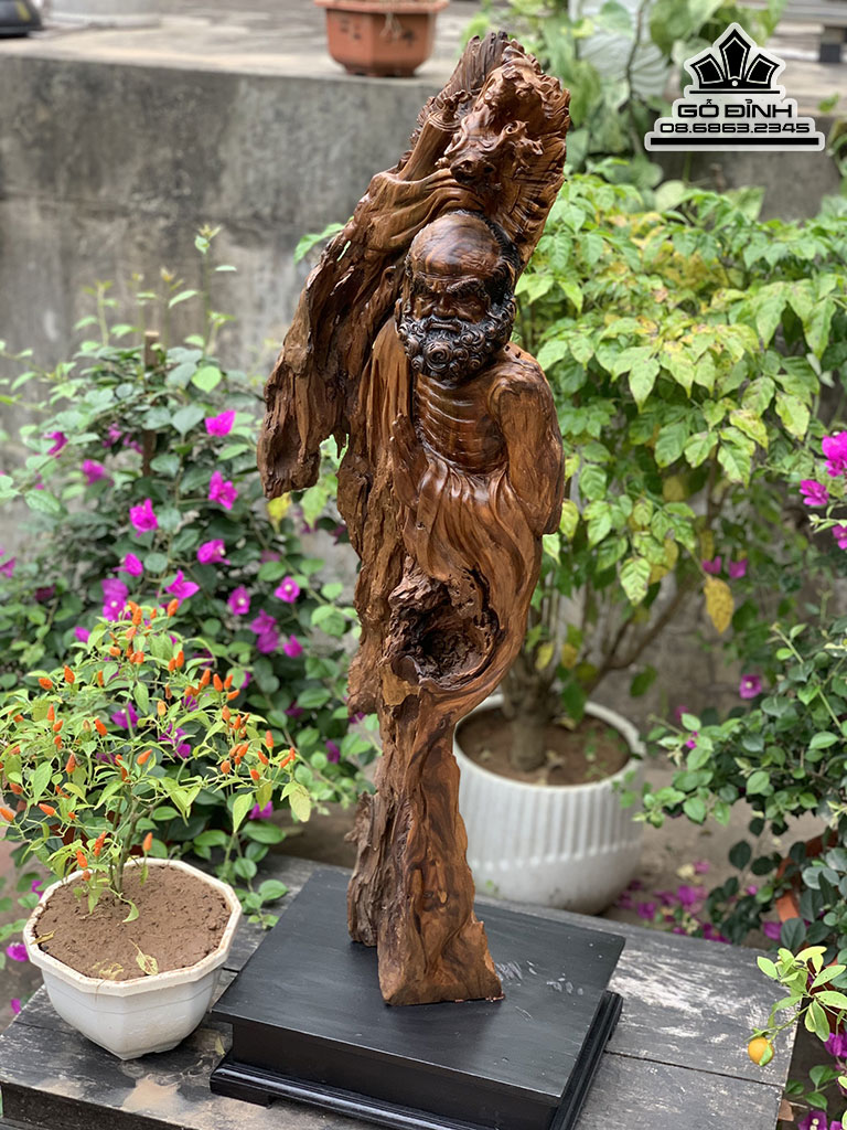 Tượng Đạt Ma Sư Tổ Gỗ Lũa Bách Xanh Cao 93 Ngang 32 Sâu 23 (cm)