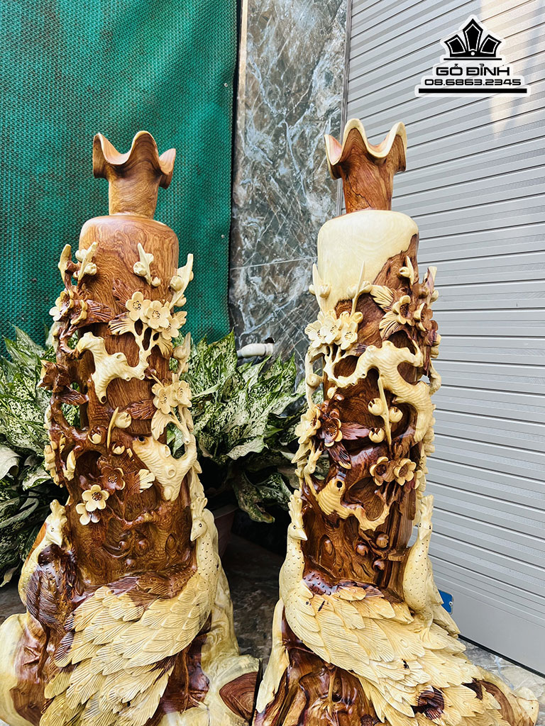 Cặp Bình Chim Công Gỗ Hương Cao 87 Ngang 45 Sâu 30 (cm)