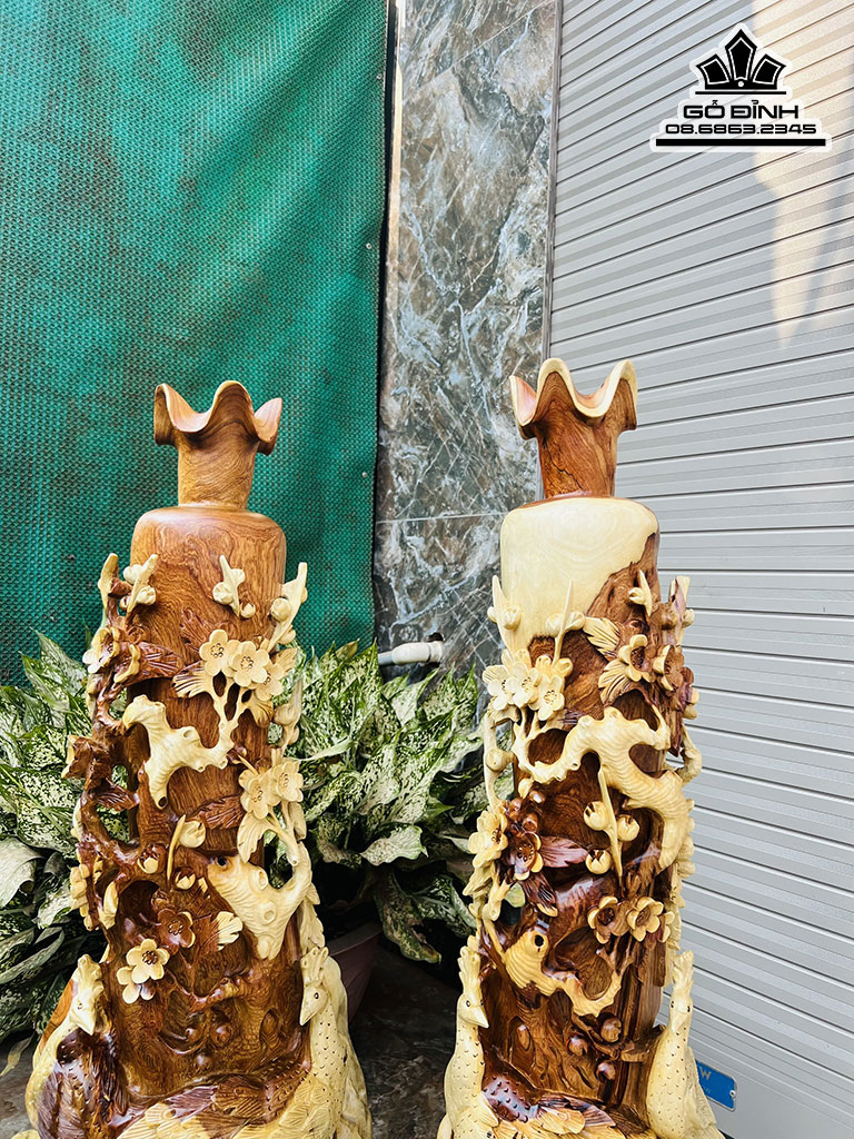 Cặp Bình Chim Công Gỗ Hương Cao 87 Ngang 45 Sâu 30 (cm)