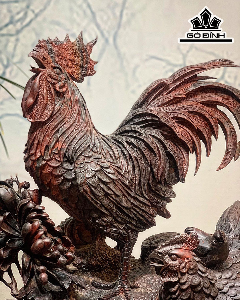 Tượng Gia Đình Gà Gỗ Trắc Cao 55 Ngang 55 Sâu 37 (cm)