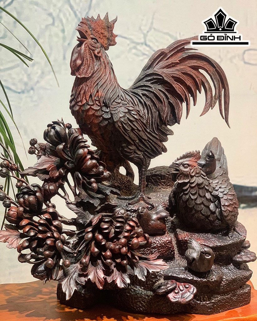 Tượng Gia Đình Gà Gỗ Trắc Cao 55 Ngang 55 Sâu 37 (cm)