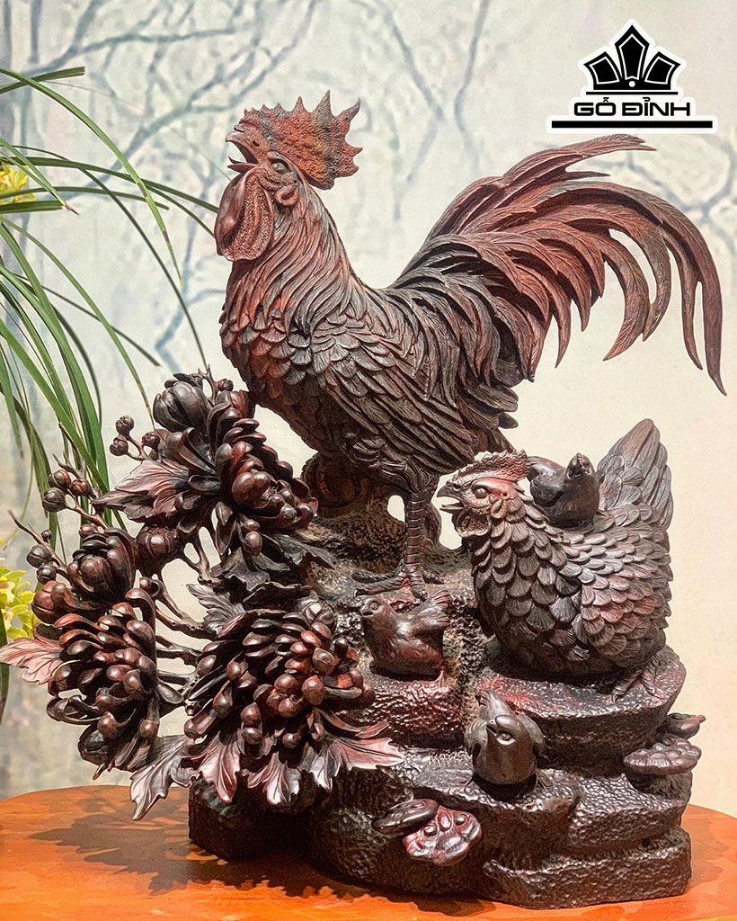 Tượng Gia Đình Gà Gỗ Trắc Cao 55 Ngang 55 Sâu 37 (cm)
