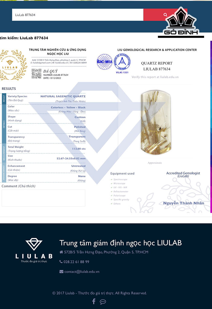 Mặt Trơn Đá Thạch Anh Tóc Vàng Cao 52,67 Ngang 24,55 Sâu 8,82 (mm)