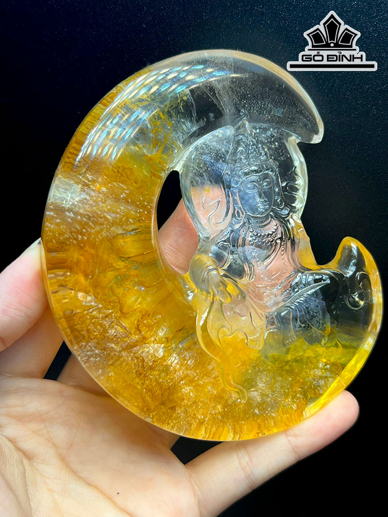 Tượng Phật Bà Quan Âm Đá Thạch Anh Tóc Vàng Cao 86,4 Ngang 24 Sâu 19 (mm) 286,3gr