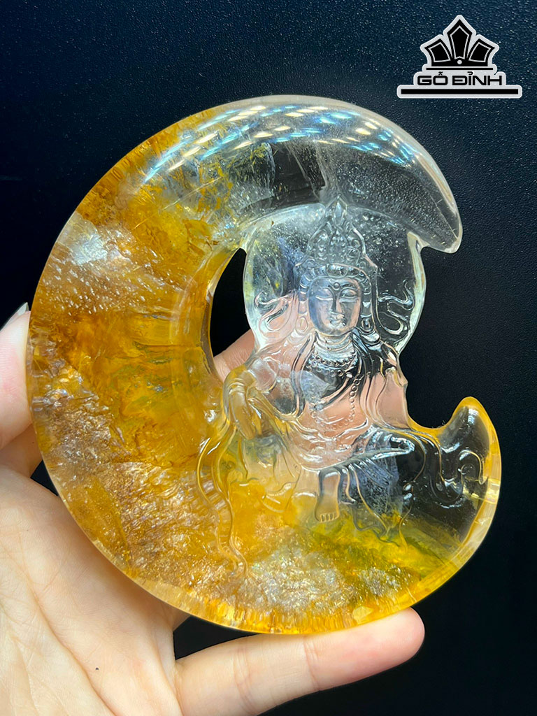 Tượng Phật Bà Quan Âm Đá Thạch Anh Tóc Vàng Cao 86,4 Ngang 24 Sâu 19 (mm) 286,3gr